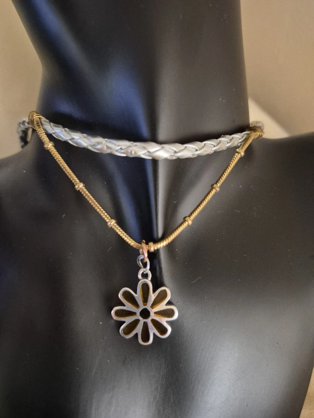 Handmade Sterling Silver Yellow Glass Inlay Daisy Pendant Leather Chain Choker